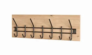 Garderobenleiste aus hellem Holz mit schwarzen Harken.&nbsp;
