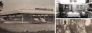 Historische Bilder des Möbelhauses von Harten: Außenansicht des ersten Gebäudes, klassische Küchenmöbel und ein Familienporträt der Gründerzeit.