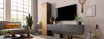 Eine moderne dunkel graue Wohnwand mit einem Highboard mit Holztür