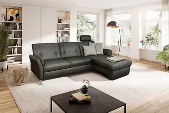 Schwarzes Leder Ecksofa mit silbernen Füßen in einem gemütlichen Raum.