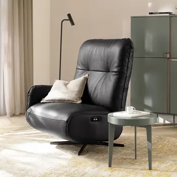 Schwarzer Leder Relaxsessel mit Armlehne auf der linken Seite.