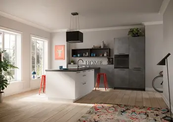 L-Küche in Top soft weiß kombiniert mit Quarzgrau