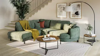 Modernes Wohnzimmer mit Ecksofa in grünem Stoff, beigem Teppich und rundem Couchtisch.