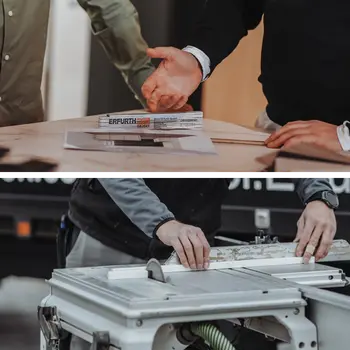 Mitarbeiter im Beratungsgespraech und Montageschreiner bei der Arbeit.