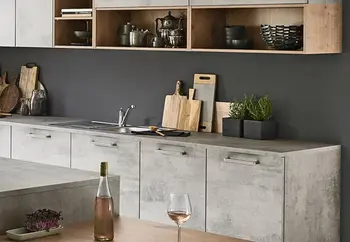 Nahaufnahme einer Küche in Betonoptik.