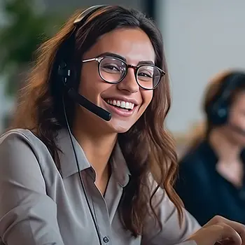 Junge Frau trägt ein Headset in einer Büroumgebung und lächelt in die Kamera. Rechts groß auf Weiß das Wort Service.&nbsp;