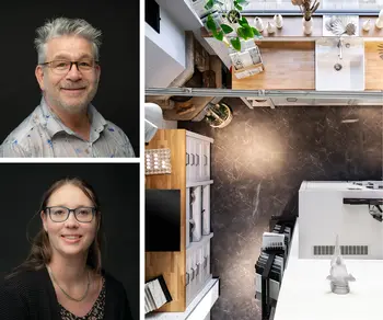 Mitarbeiter von Kuechenhaus Gruber und schicke Landhauskueche in Vogelperspektive.