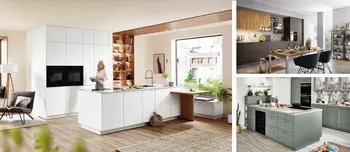 Links weiße Insel mit Holzregal und kochender Frau; rechts oben dunkle Küchenfront mit Essbereich; rechts unten grüne Landhausküche mit Insel.