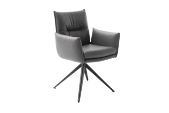 Armlehnstuhl mit schwarzem Lederbezug und schwarzem Metallgestell.