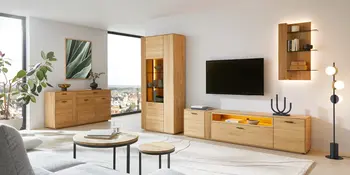 Wohnzimmer mit TV-Wand, Wohnmöbeln aus Holz und Vitrine.