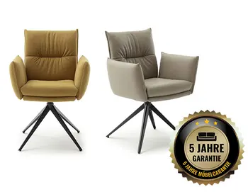 Designer Armlehnstuhl in zwei Farbvarianten mit Garantiehinweis