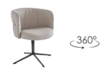 Esszimmerstuhl mit runder Rückenlehne, schwarzem Gestell und 360 Grad Drehfunktion.