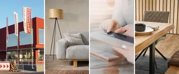 Hausfassade, Designerlampe, Tischplattenmuster und Tischkante.