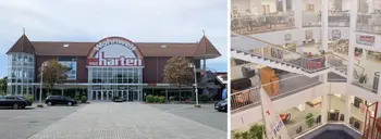 Außenansicht der Wohnwelt von Harten mit einladendem Eingangsbereich, kombiniert mit einer Innenansicht, die das großzügige Treppenhaus und die Ausstellungsräume zeigt.