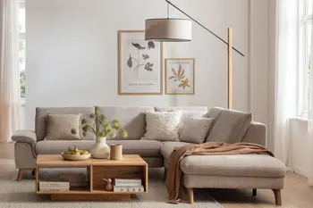 Graues Ecksofa in hellem gemütlichem Wohnzimmer mit Couchtisch aus Holz und moderner Stehlampe dahinter.