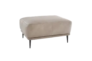 Grauer Leder Hocker mit schwarzen filigranen Beinen. 
