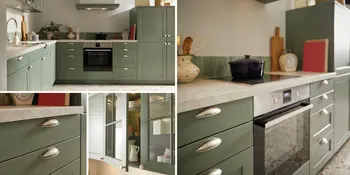 Collage: salbeigrüne Landhausküche mit Arbeitsplatte, Ofen und Schubladengriffen.