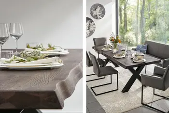 Collage aus zwei Bildern, die die Baumkante eines dunklen Esszimmertisches zeigt, der gedeckt ist und ein Esszimmer mit dem Esstisch und Freischwinger in grau, sowie einer farblich passenden Sitzbank.