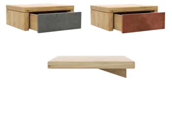 Collage aus drei Nachtkonsolen aus Massivholz, wovon eins nur ein Brett ist, und die zwei anderen eine Schublade haben, bei der einen Schublade ist eine rote Front enthalten, die andere hat eine graue Front.