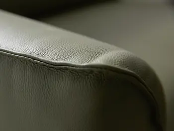 Grüne Armlehne eines Ledersofas.