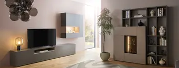 Moderne Lack Wohnwand in grau in einem hellen Wohnzimmer.