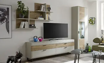 Helle Wohnwand mit Holzdetails