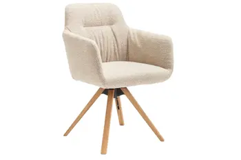 Armlehnstuhl aus Boucle in Beige mit Beinen aus Holz.