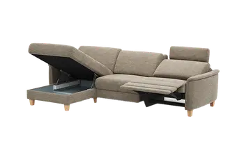 Braunes Ecksofa mit hochgeklappter Sitzfläche und Herz-Waage-Position.