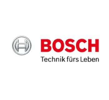Bosch Logo in Rot und Schwarz mit kreisförmigem Symbol, Schriftzug Technik fürs Leben als Markenzeichen für Haushaltsgeräte