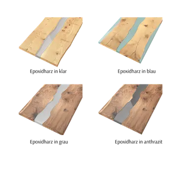 Epoxidharzfarben die beim Contur Esstisch Nera ausgewählt werden können: klar, blau, grau, anthrazit.