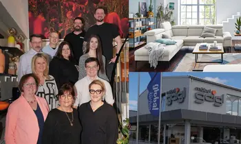 Collage von der Fassade des Möbelhauses, Hellgraues Sofa in Wohnzimmer, Küchenzeile und Möbel Geigl Team im Treppenhaus.
