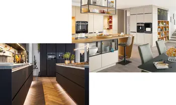 Wohnküchen mit Kücheninsel können aus ganz unterschiedlichen Materialen bestehen und mit verschiedenen Farben lackiert sein.