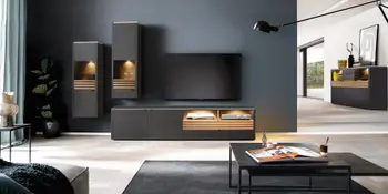 Stylische schwarze Wohnwand mit holzakzenten in modern eingereichtetem Wohnzimmer. 