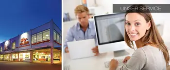 City-Polster Gebäude bei Nacht   Freundliche Kundenberatung am Computer mit dem Text "UNSER SERVICE"