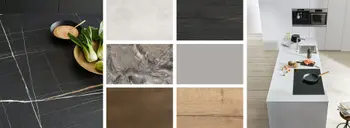 Verschiedene Küchenarbeitsplatten in unterschiedlichen Materialien und Farben sowie eine moderne Kochinsel mit vorbereitetem Gemüse