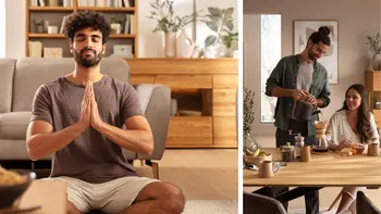 Collage aus zwei Bildern, auf dem linken sitzt ein Mann mit geschlossenen Augen in Buddha Pose am Boden vor Möbeln, auf dem rechten ist ein Paar am Esszimmertisch.