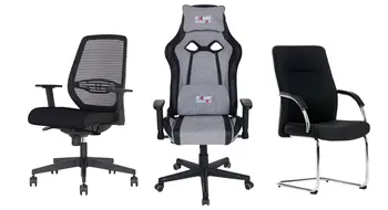 Drei unterschiedliche Bürostühle. Ein schwarzer ergonomischer Bürostuhl, ein Gamingstuhl und ein nicht drehbarer Bürostuhl, perfekt für einen Besprechungsraum.&nbsp;