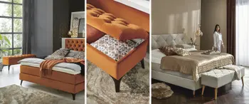 Orangenes und hellgraues Bett mit passender Polstersitzbank 