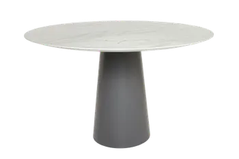 Runder Esstisch mit weißer Tischplatte und schwarzem Fuß.