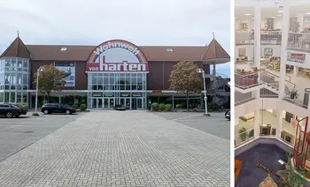 Außenansicht der Wohnwelt von Harten mit einladendem Eingangsbereich, kombiniert mit einer Innenansicht, die das großzügige Treppenhaus und die Ausstellungsräume zeigt.
