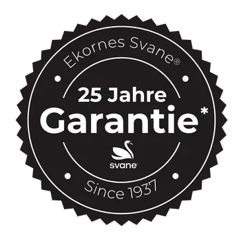 Rundes Svane®-Garantiesiegel mit der Aufschrift „25 Jahre Garantie“ und dem Svane®-Logo, das für langanhaltende Qualität und Vertrauen steht.