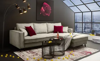 Hellgraues Sofa mit roten Kissen in stylischem Wohnzimmer