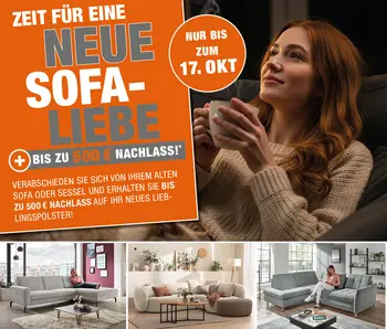 Werbegrafik mit Sofas, Frau mit Tasse und Katze sowie Text bis zu 500 € Nachlass