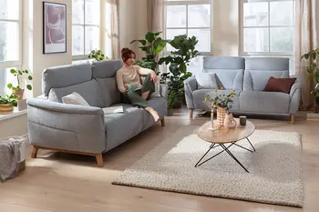 Wohnzimmer mit zwei Zweisitzersofas in hellblauem Stoffbezug und ovalem Couchtisch.