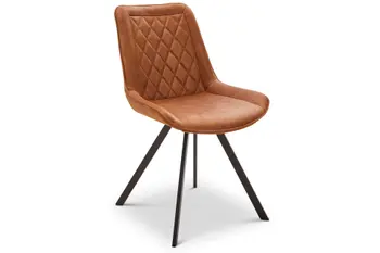 Schalenstuhl mit schwarzen Metallbeinen und Sitzfläche mit Leder in Cognac bezogen und einer rauteförmigen Steppung an der Rückenlehne.