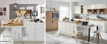 Der in der Kücheninsel integrierte Tresen lädt zum Snacken oder Arbeiten ein.