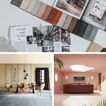 Luxorioeses Esszimmer, Kataloge und Muster und weinrote Kueche.