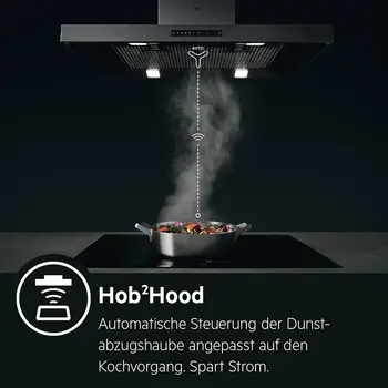 Dunstabzugshaube von AEG die durch HubHood mit dem AEG Kochfeld kommuniziert.