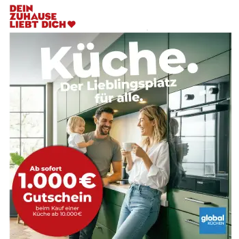 Banner für Küchengutschein-Aktion. Beim Kauf einer Küche im Wert von 10.000€ bekommt man einen Gutschein in Höhe von 1.000€