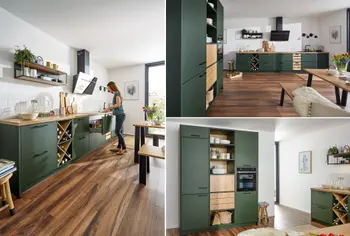 Moderne Küche in Waldgrün mit Holzakzenten und offenem Essbereich.